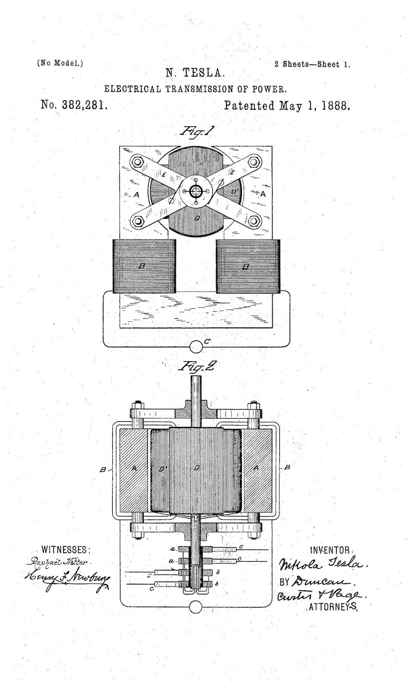 May include: A black and white line drawing of a patent for an electrical transmission of power, invented by Nikola Tesla. The patent is dated May 1, 1888 and includes two diagrams of the invention.