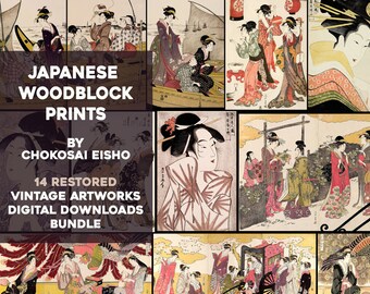 May include: A collage of 14 restored vintage Japanese woodblock prints by Chokosai Eishō. The prints feature women in traditional clothing and various scenes from Japanese life.  The prints are available as digital downloads.