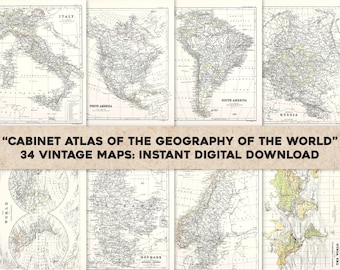34 Vintage Maps from World Atlas (1882) Countries Continents | Image/Printable Wall Art Bundle | Instant Digital Download Commercial Use