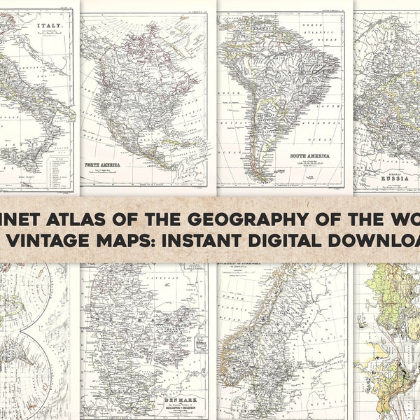 34 cartes vintage de l'Atlas mondial (1882) Pays Continents | Image/ensemble d'art mural imprimable | Téléchargement numérique instantané Utilisation commerciale