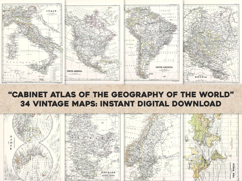 34 Vintage Maps from World Atlas 1882 Countries Continents Image/Printable Wall Art Bundle Instant Digital Download Commercial Use image 1