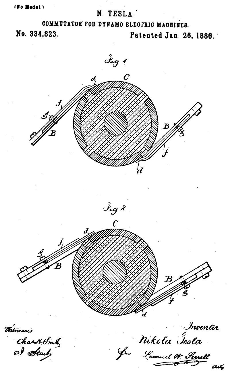 May include: A black and white line drawing of a commutator for dynamo electric machines, with two diagrams labeled "Fig 1" and "Fig 2". The diagrams show the commutator with a brush and a wire connected to it. The text "N. TESLA" and "COMMUTATOR FOR DYNAMO ELECTRIC MACHINES" is at the top of the image. The patent number "No. 334,823" and the date "Patented Jan. 26, 1886" are also included.
