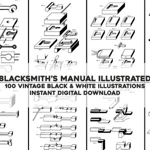 May include: Black and white illustrations of blacksmithing techniques. The illustrations show various tools and methods for shaping metal, including bending, forging, and welding. The title "Blacksmith's Manual Illustrated" is at the top of the page.
