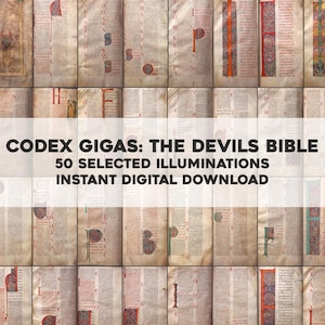 Op de afbeelding: Digitale download met 50 geselecteerde miniaturen uit de Codex Gigas, de Duivelsbijbel. De afbeelding toont meerdere open pagina's van het manuscript, met gedetailleerde illustraties en tekst, die het historische document benadrukken.