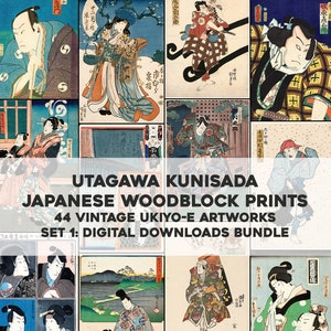 44 japońskie drzeworyty Kunisada Kabuki Samurai | Pakiet obrazów HQ Wydrukowana sztuka ścienna | Natychmiastowe pobieranie cyfrowe Wykorzystanie komercyjne 1