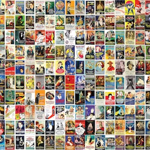 Könnte beinhalten: Eine Collage von Vintage-Filmplakaten mit klassischen Filmen aus den 1920er und 1930er Jahren. Die Poster sind in verschiedenen Farben gehalten und zeigen Bilder von Schauspielern und Schauspielerinnen sowie Titel und Erscheinungsdaten.