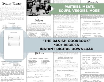 May include: A vintage cookbook cover with a blue and white background. The title is "The Danish Cookbook" with the subtitle "100+ Recipes Instant Digital Download". The cover features a photo of people dancing in traditional clothing.