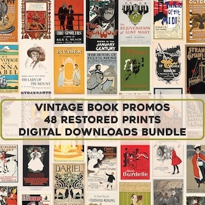 48 Litografías promocionales de libros antiguos / Paquete de imágenes Collage de arte de pared imprimible / Descarga digital instantánea Uso comercial poster novela clásica