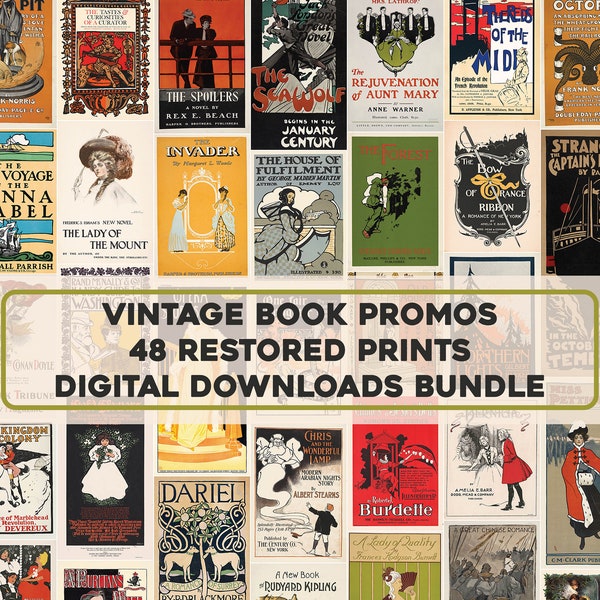 48 Old Book Promo Lithographs | Image Bundle Printable Wall Art Collage | Instant Digital Download Commercial Use poster novel classics