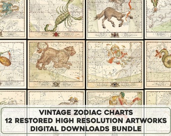 Astronomische Karten Sternzeichen Vintage Illustrationen | Astrologie Tarot Horoskop druckbare Wand Kunst Bundle Digital Download Kommerzielle Nutzung