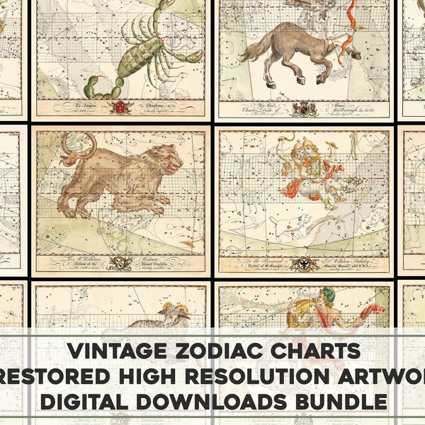 Astronomical Charts Zodiac Signs Vintage Illustrations | Astrology Tarot Horoscope Printable Wall Art Bundle Digital Download Commercial Use