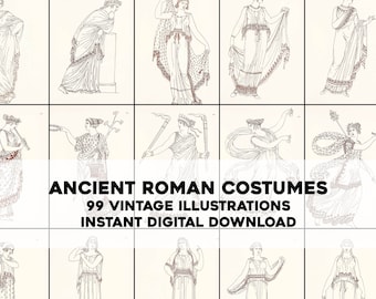 99 Trajes Romanos Ilustrações de Moda Feminina e Masculina | Arte de parede para impressão do pacote de imagens HQ | Download digital instantâneo para uso comercial