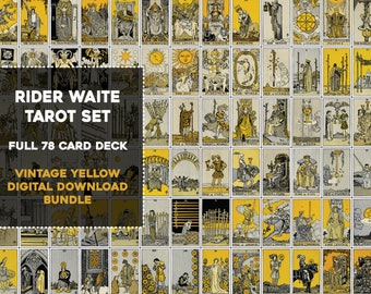 Vintage Yellow Rider Waite Smith Complete Tarot Card Deck | Image Bundle Instant Digital Download