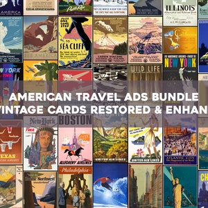 Vintage Travel Poster Ads Cartoline Stampabile Wall Art Bundle Van Life Road Trip Esplora America USA Città Download digitale Uso commerciale