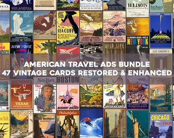 Puede incluir: Un collage de 47 carteles de viaje vintage que anuncian destinos en los Estados Unidos. Los carteles presentan colores vibrantes, monumentos emblemáticos y tipografía vintage. El texto "AMERICAN TRAVEL ADS BUNDLE 47 VINTAGE CARDS RESTORED & ENHANCED" se muestra en el centro de la imagen.