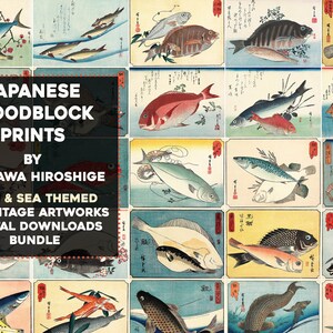 29 xilogravuras de peixes japoneses de Hiroshige | HQ Image Bundle Wall Art Era Meiji | Download digital instantâneo para uso comercial