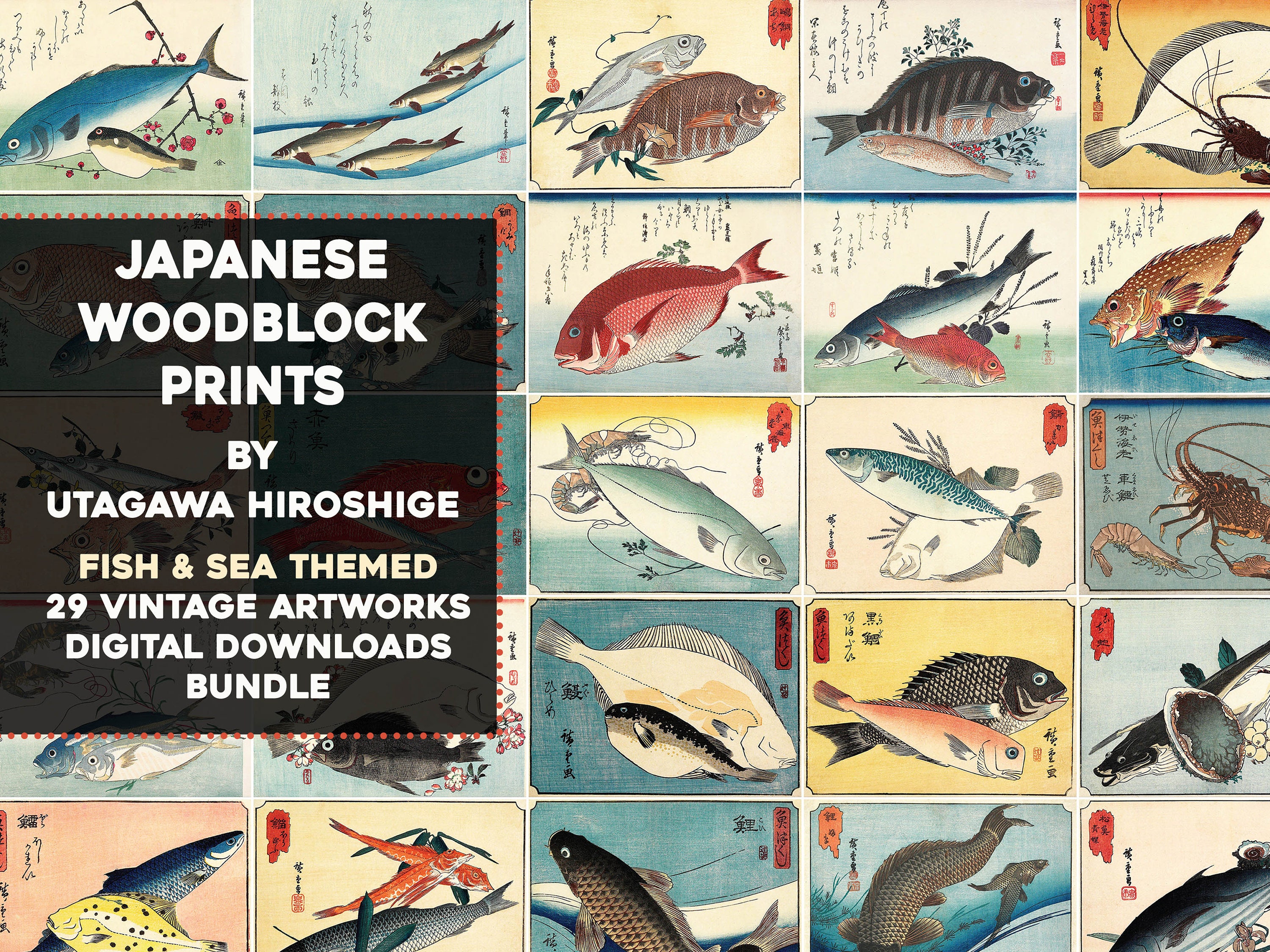 29 Japanese Fish Woodblock Prints from Hiroshige | HQ Image Bundle Wall Art Meiji Era | Instant Digital Download Commercial Use