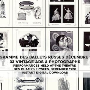 Puede incluir: Un collage de imágenes en blanco y negro de la década de 1920 con bailarines, anuncios y un programa para las actuaciones de los Ballets Rusos en el Teatro de los Campos Elíseos en diciembre de 1920. El texto "PROGRAMME DES BALLETS RUSSES DÉCEMBRE 1920" se muestra en negrita, en letras blancas sobre fondo negro.