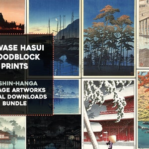 Puede incluir: Una colección de 11 estampas japonesas de madera vintage, conocidas como shin-hanga, que representan escenas de la naturaleza, paisajes y arquitectura tradicional. Las estampas están disponibles como descargas digitales en un paquete.