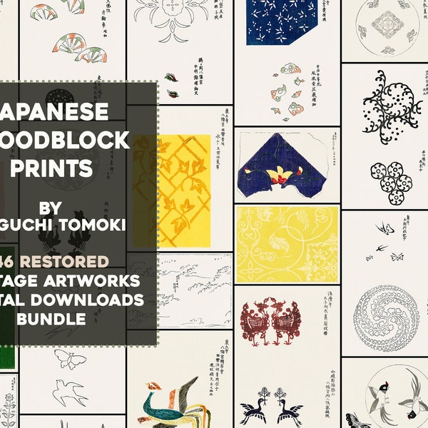 Japanese Woodblock Designs High Quality Images/Printable Wall Art Bundle Vintage Samurai, Flowers, Botanical Digital Download Commercial Use