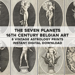 Puede incluir: Ocho grabados de astrología vintage con ilustraciones de los siete planetas, del arte belga del siglo XVI. Cada grabado muestra una figura desnuda dentro de un marco ovalado. Se muestra el texto "THE SEVEN PLANETS" y "16TH CENTURY BELGIAN ART".