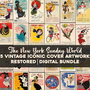 New York Sunday World Arte de pared imprimible Paquete de imágenes HQ Periódico Cartel gráfico vintage Anuncios Descarga digital Uso comercial