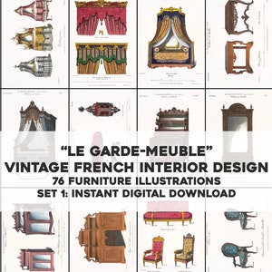 76 Lovely 1800&#39;s French Home Furniture & Decor Illustrations  | HQ Image Bundle Printable Art | Instant Digital Download Commercial Use 1