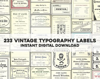 May include: A collage of 233 vintage typography labels, featuring a variety of fonts, colors, and designs. The labels are perfect for adding a touch of vintage charm to your projects.