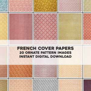 May include: A digital download image featuring a grid of 20 ornate pattern images. The patterns are in various colors, including red, gold, and blue. The text "FRENCH COVER PAPERS" and "INSTANT DIGITAL DOWNLOAD" are displayed.