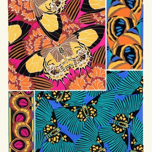 May include: A colorful abstract art print featuring a repeating pattern of butterflies with yellow, black, and blue wings. The butterflies are set against a background of pink, orange, and blue.