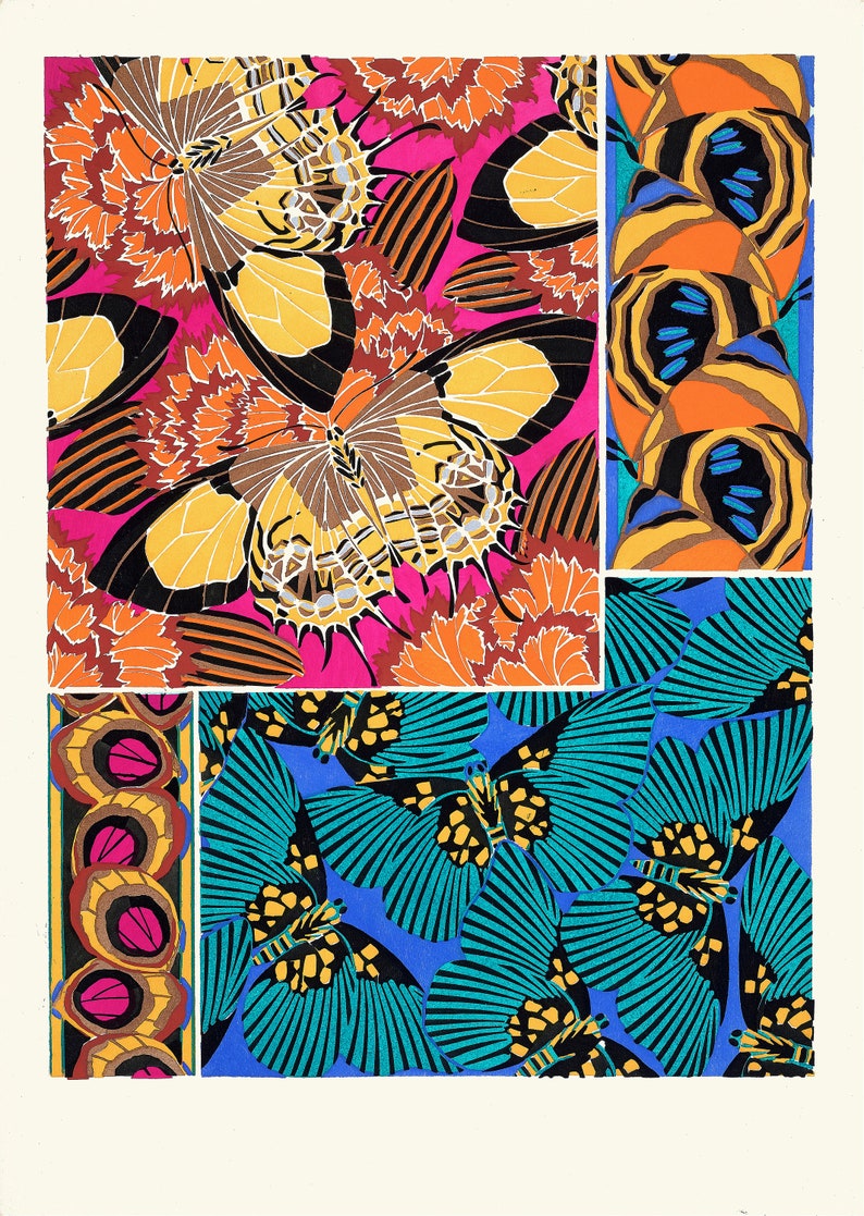 May include: A colorful abstract art print featuring a repeating pattern of butterflies with yellow, black, and blue wings. The butterflies are set against a background of pink, orange, and blue.