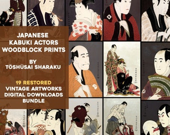19 Restored Kabuki Actor Woodblock Prints Printable Wall Art Bundle & Courtesan Japanese Women Instant Digital Download Commercial Use