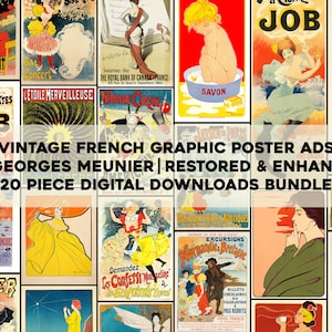 Op de afbeelding: Een verzameling van 20 vintage Franse grafische posteradvertenties van Georges Meunier. De posters zijn gerestaureerd en verbeterd en tonen een verscheidenheid aan onderwerpen, waaronder vrouwen, kinderen en dieren. De posters zijn in verschillende kleuren, waaronder rood, blauw, groen, geel en zwart.