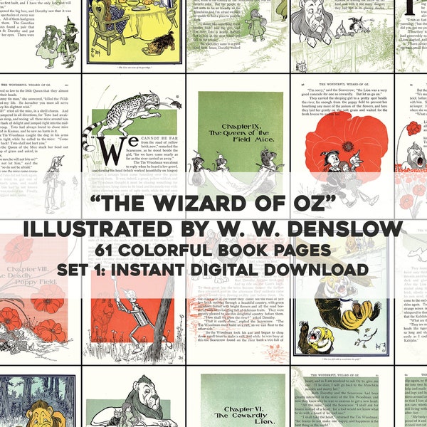 61 Illustration Pages from The Wizard of Oz Denslow  | HQ Image Bundle Printable Wall Art | Instant Digital Download Commercial Use 1