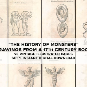 May include: A collection of 93 vintage illustrations from a 17th century book titled "The History of Monsters". The illustrations depict various mythical creatures, including a two-headed person, a creature with a human head in an egg, a winged human, and a creature with a bird's head and a human body.