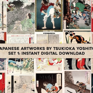 28 niesamowitych japońskich drzeworytów Tsukioka Yoshitoshi | Pakiet obrazów HQ/Drukowana sztuka ścienna | Natychmiastowe pobieranie cyfrowe Wykorzystanie komercyjne 1