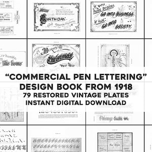 Könnte beinhalten: Ein Schwarzweißbild eines Vintage-Designbuchs aus dem Jahr 1918 mit dem Titel "Kommerzielles Federzeichnen". Das Buch enthält 79 restaurierte Vintage-Tafeln und ist zum sofortigen digitalen Download verfügbar.