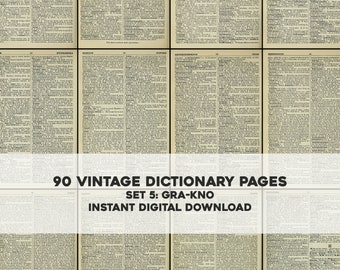 90 Vintage English Dictionary Pages Set 5 GRA-KNO | HQ Image Resource Bundle | Instant Digital Download Commercial Use