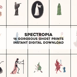May include: A collection of 16 ghost prints in various colors and styles. The images include figures in robes, skeletons, and other spectral forms. The text "SPECTROPIA 16 GORGEOUS GHOST PRINTS INSTANT DIGITAL DOWNLOAD" is displayed in the center.