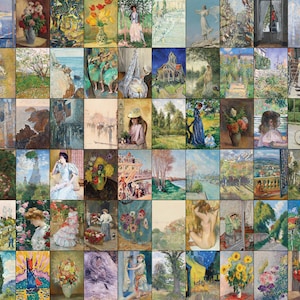 Op de afbeelding: Een collage van 48 schilderijen met verschillende scènes, waaronder landschappen, portretten en stillevens. De schilderijen zijn in verschillende stijlen en kleuren en zijn gerangschikt in een rasterpatroon.