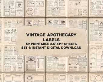 May include: A set of 59 printable sheets of vintage apothecary labels. The labels are in black and white and feature a variety of designs, including text, illustrations, and decorative borders. The labels are perfect for adding a vintage touch to your projects.
