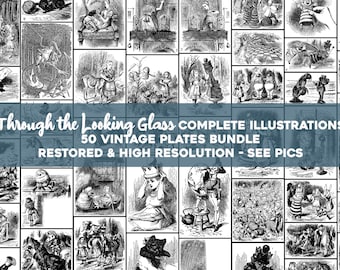 Through the Looking Glass Book Illustration Plates Printable Wall Art Bundle Digital Download Commercial Use Alice in Wonderland Vintage