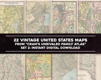 22 Vintage Maps of USA States 1889 Family World Atlas | HQ Image/Printable Wall Art Bundle | Instant Digital Download Commercial Use 2