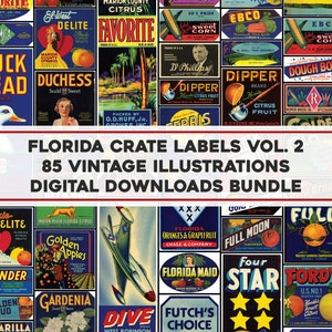 May include: A collection of vintage Florida crate labels, featuring colorful illustrations of citrus fruits, vegetables, and other products. The labels include text such as "Duck Head", "Favorite", and "Golden Apples". The image also includes the text "Florida Crate Labels Vol. 2" and "85 Vintage Illustrations Digital Downloads Bundle".
