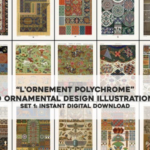 Op de afbeelding: Een digitale download van 50 ornamentale ontwerpillustraties in verschillende stijlen en kleuren. De illustraties zijn gelabeld met "L'Ornement Polychrome" en "Set 1: Direct digitale download".