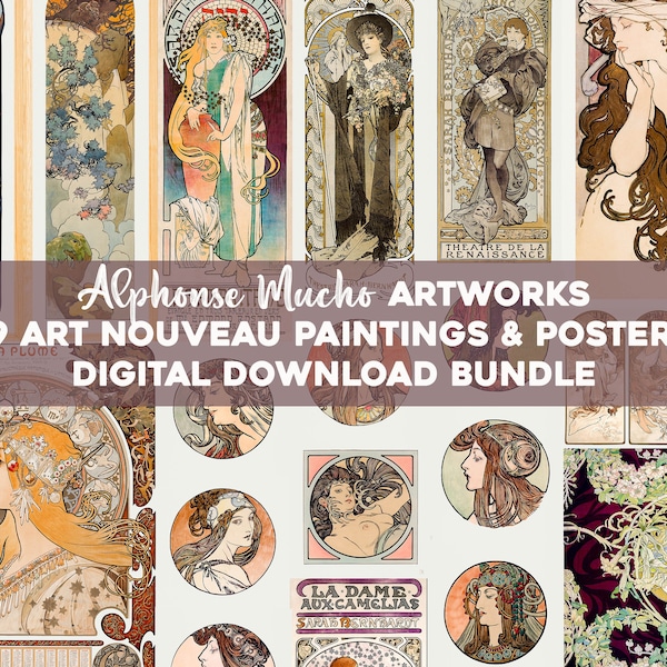 Alphonse Mucha Art Nouveau Printable Wall Art Bundle Vintage Women Portrait Femme Classic Artworks Painting Digital Download Commercial Use