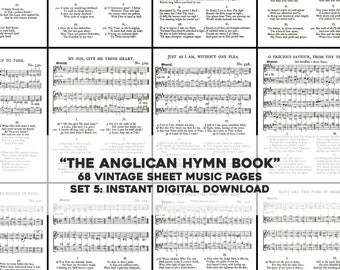 Juego de 68 páginas de himnos anglicanos restaurados, partituras antiguas, 5 piezas de arte mural imprimible, descarga digital instantánea, uso comercial