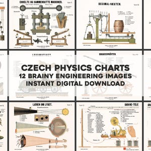Może przedstawiać: Zbiór zabytkowych czeskich wykresów fizycznych z szczegółowymi ilustracjami maszyn, zasad naukowych i diagramów. Tekst "CZECH PHYSICS CHARTS 12 BRAINY ENGINEERING IMAGES INSTANT DIGITAL DOWNLOAD" jest wyświetlany.