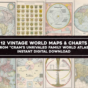 13 Vintage Globale Infografik Karten 1889 Familienwelt Atlas | HQ Bild/Druckbare Wandkunst Bundle | Sofortiger digitaler Download Kommerzielle Nutzung