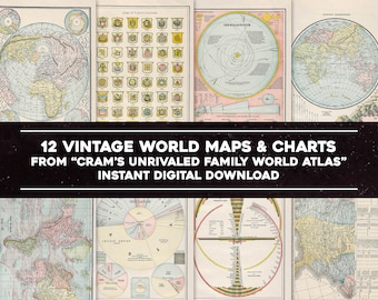 May include: A collage of 12 vintage world maps and charts from "Cram's Unrivaled Family World Atlas". The maps are in various styles and colours, and include a map of the world, a map of the United States, and a map of the solar system.